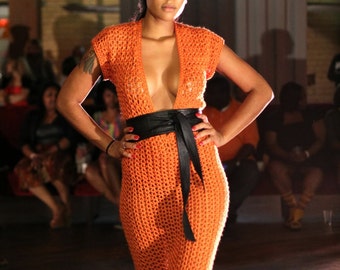 Orange Crochet V-Neck Ankle length Dress - handmade