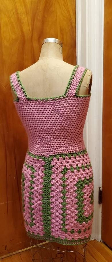 Colorful Crochet Dress with Sweater Coat: Pink and Green Boho Duster