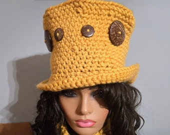 BUTTON UP Buttercup -  Crocheted  Top Hat with scarf - Button Hat -