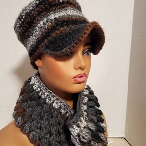 Gray, Brown and Black Blend Hat and Scarf Crocheted -  Crochet hat and Scarf- Captains Hat and  Bubble Scarf -Crochet Hat