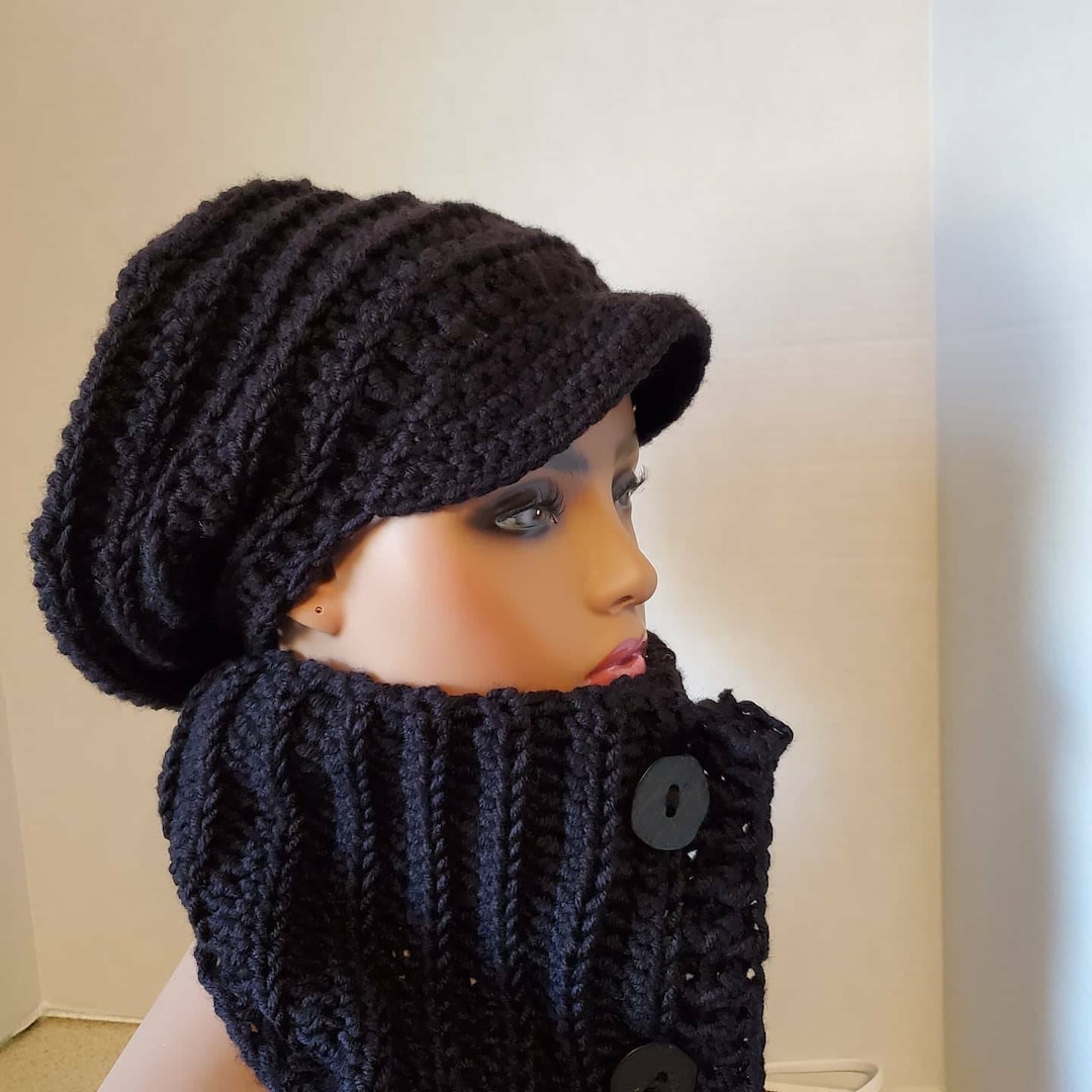 Crochet Loc Hat Set: Handmade Black Cap With Bib & Cowl - Etsy