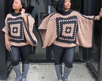 Grey and Beige Poncho/ Crochet Poncho/ Crochet Granny Square Poncho/ Collar Poncho/ Fall Poncho/ Bohemian Poncho