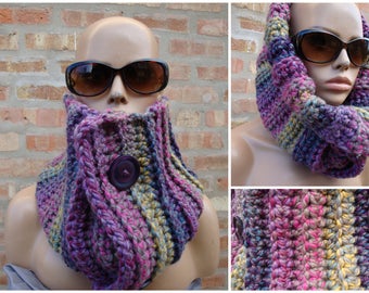 Purple Blend Scarf - Warm Neckwarmer Scarf Purple Button - Cowl - Crochet Scarf