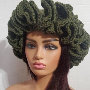 Olive Green Crochet Ruffle Hat - Etsy display picture 3
