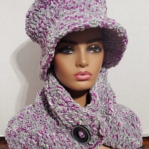 Purple and Grey Blend Chenille Hat Set  -  Hat  and  Neckwarmer -  Crochet Hat Set - WInter Wear