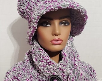 Purple and Grey Blend Chenille Hat Set  -  Hat  and  Neckwarmer -  Crochet Hat Set - WInter Wear