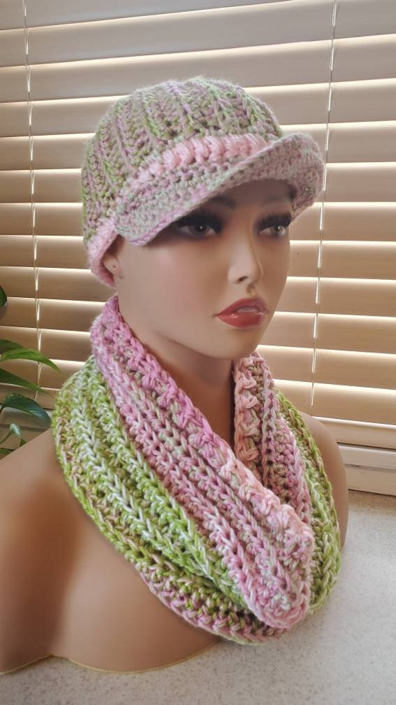 Crochet Cap and Scarf Set: Pink and Green Acrylic Blend - Etsy display picture 3