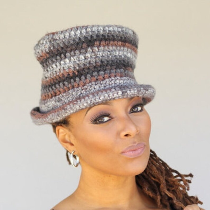 Top Hat Cap Shades of Grey/Brown/Black Cap, Crochet hat handmade image 4