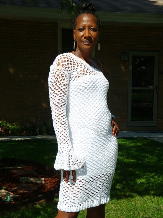 White One Shoulder Crochet Dress With 