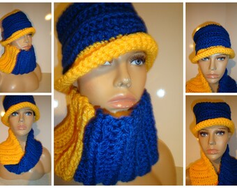 Blue and Gold Hat matching scarf -Crochet Hat - Sigma Gamma Rho Hat Set - Crochet Cap - Custom colors available -Sorority colors