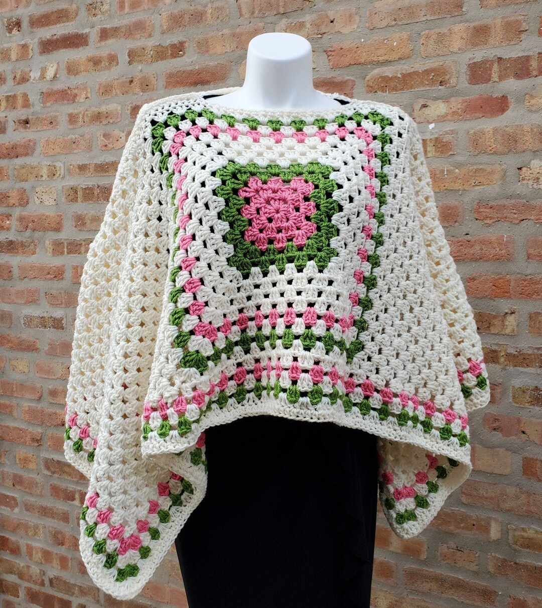 Pink and Green Poncho/ Crochet Poncho/ Crochet Granny Square - Etsy