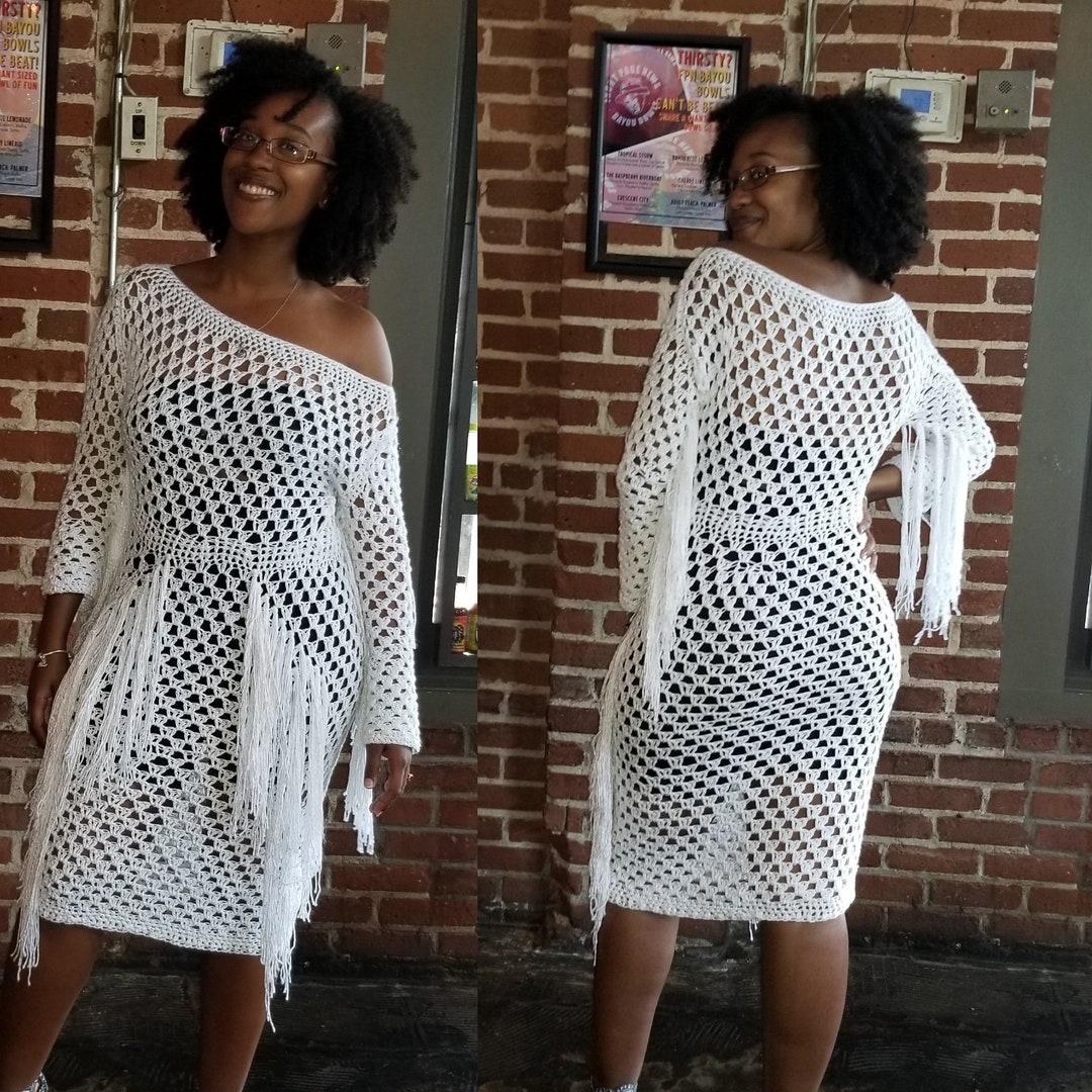 White Crochet Dress With Fringe Handmade Knee Length Dress Etsy
