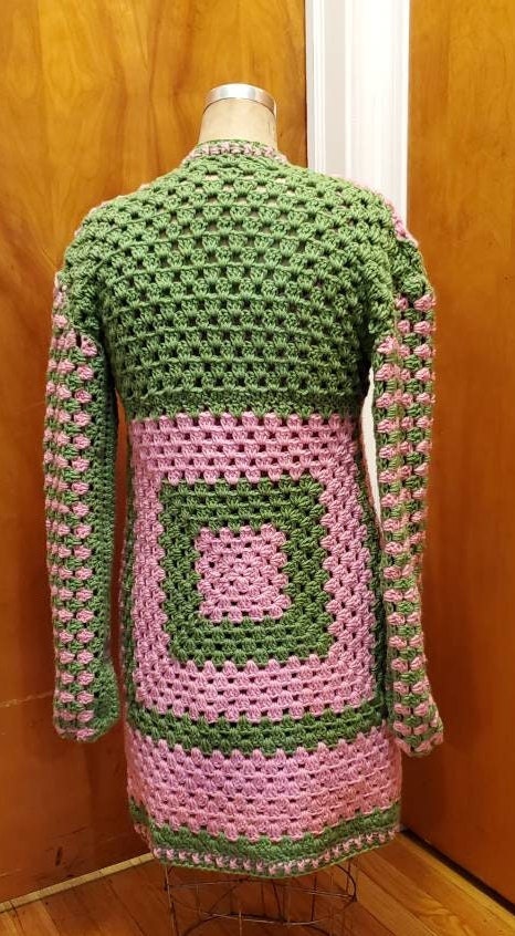 Colorful Crochet Dress with Sweater Coat: Pink and Green Boho Duster