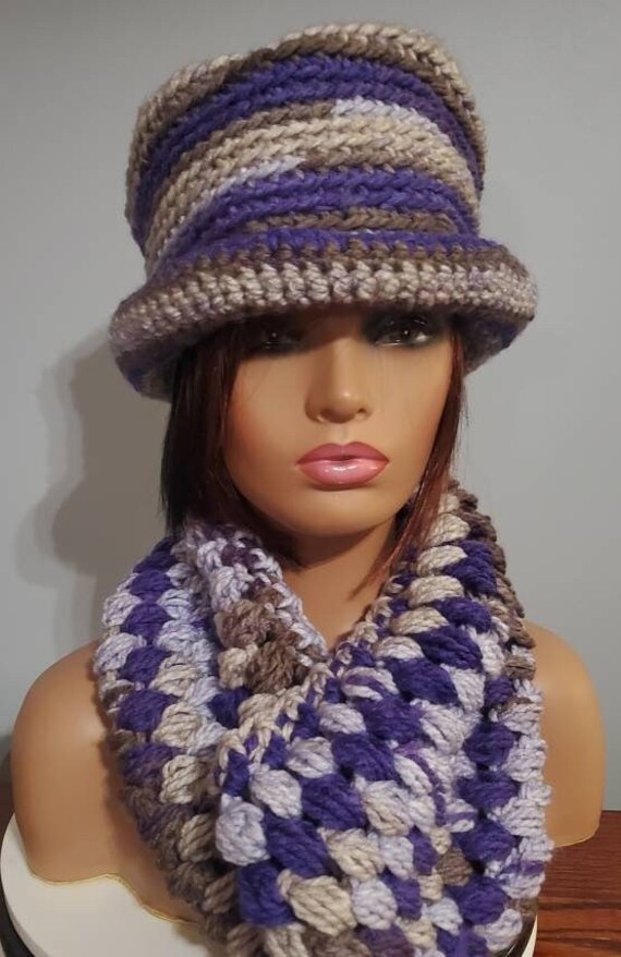 Purple and Cream Hat and Scarf Crocheted Neckwarmer Scarf Etsy