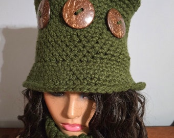 BUTTON UP Buttercup -  Crocheted  Top Hat with scarf - Button Hat -
