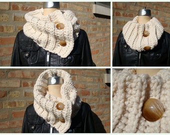 Cream Crochet Scarf / Cowl / Neckwarmer - MultiScarf -Oversized Scarf with Buttons - Wool and Acrylic