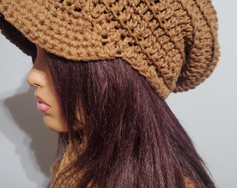 Cafe Au Lait  Hat and Scarf Crocheted -  Neckwarmer - Scarf- Cowl- matching hat- Slouch Captain's Hat and  Button Scarf  -Crochet Hat