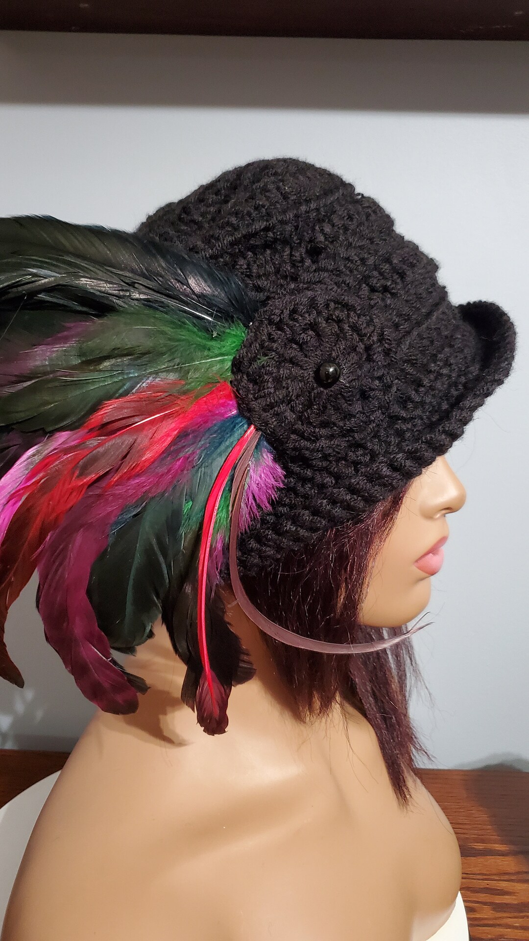 Crochet Black Cloche Hat With Feathers: Vintage Style Cap - Etsy display picture 1