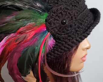 Crochet Black Cloche Hat with Feathers: Vintage Style Cap