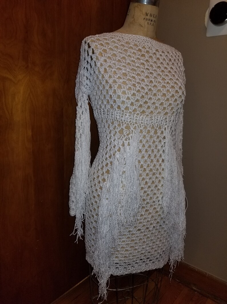 White Crochet Dress With Fringe Handmade Knee Length Dress Etsy