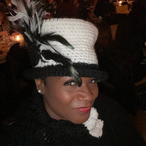 Crocheted Feather Hat and Scarf Set - Black and White