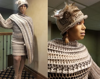 Crochet Cream / Grey Blend Skirt Set - Coverup  - Straight skirt with Matching Cape and Hat