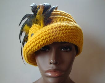 Yellow Gold Cloche Hat with Gold Tip Feathers -Yellow Crochet Hat - Yellow Hat - Crochet Cap - Custom colors available