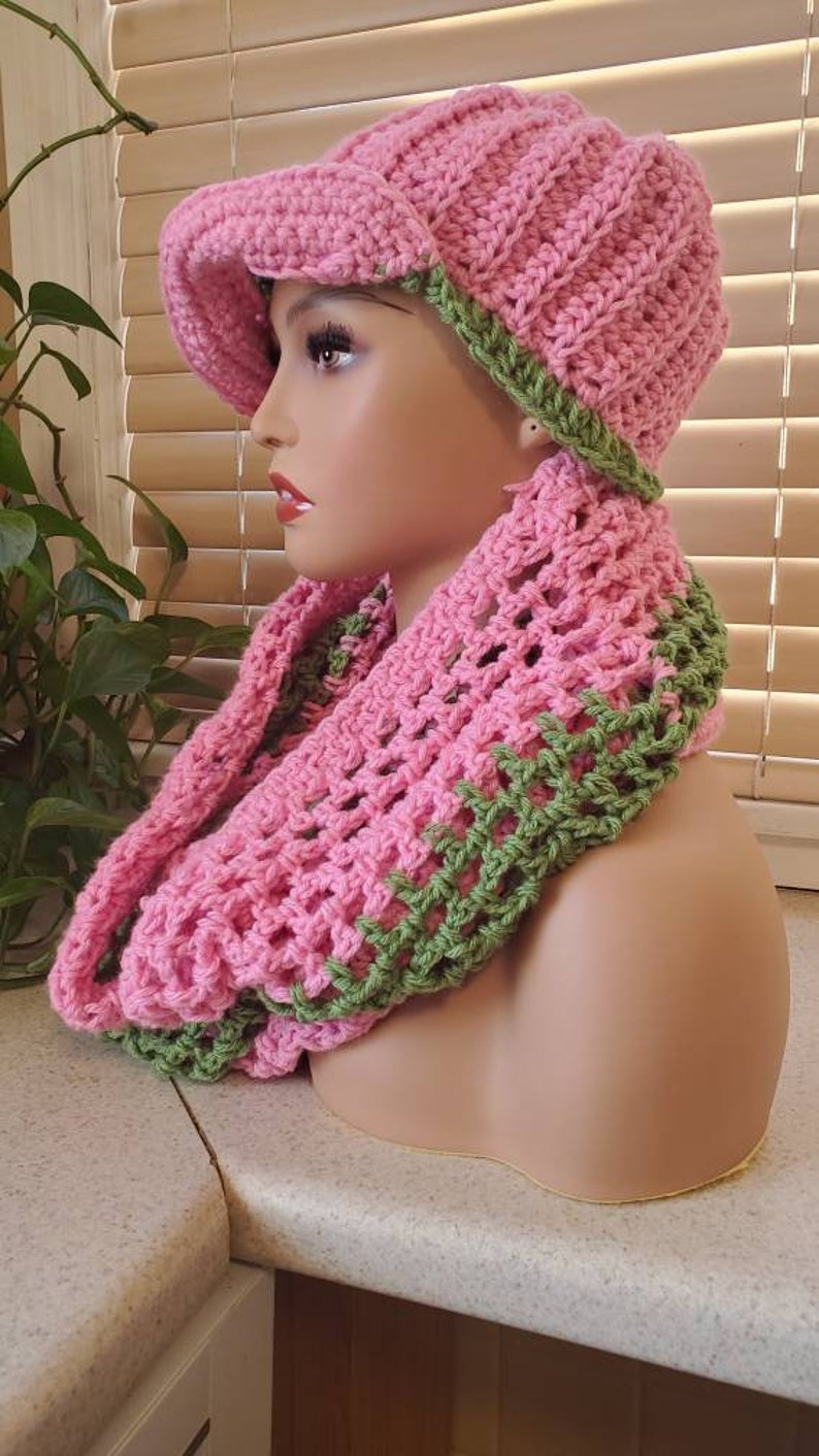 Crochet Cap and Scarf / Crochet hat set // Pink and Green Crochet Hat set / Infinity 2024 Scarf.