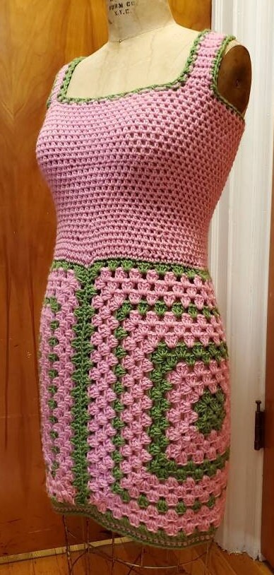 Colorful Crochet Dress with Sweater Coat: Pink and Green Boho Duster Colorful Crochet Dress with Sweater Coat: Pink and Green Boho Duster