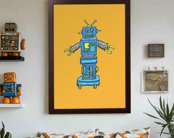 Póster enmarcado de Robot X: Arte de ciencia ficción retro al estilo de Milton Glaser