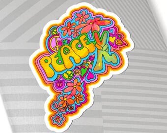 Pegatina retro con símbolo de la paz: troquelada floral estilo años 70