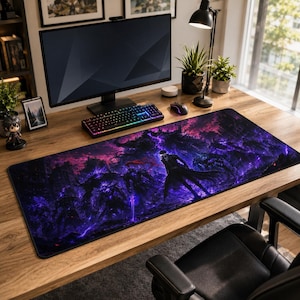 May include: A rectangular desk mat featuring a dark fantasy illustration with a central figure in a long coat surrounded by shadowy, purple-glowing creatures and swirling pink and violet energy clouds across a black background.