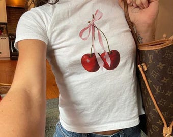 Camiseta infantil Cherry Bow, top cropped Coquette Y2K