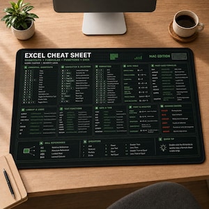 May include: A black rectangular desk mat featuring a green printed Excel Cheat Sheet for Mac. The mat displays categorized keyboard shortcuts, formulas, functions, and data tools with clear white and green text, organized into numbered sections.