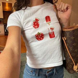 Watermelon Graphic 90s Baby Tee, Aesthetic Baby Tee, Y2K Gift For Girlfriend, Trendy Top, Retro Shirt, Y2K 90s Baby Tee, Gift for Her