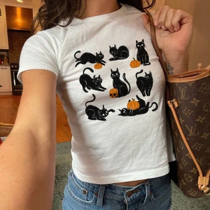 Maglietta per neonati di Halloween ispirata al vintage, maglietta per neonati con mamma gatto, maglietta con grafica retrò di Halloween, maglietta per neonati con strega, gattino, stagione delle zucche per l'autunno