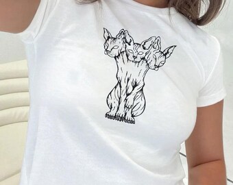 Three-Headed Black Cat Baby Tee: Spooky Y2K Style