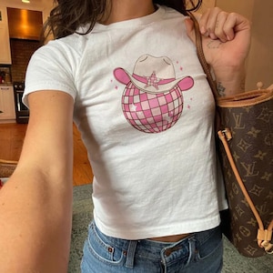 Disco Ball 90s Baby Tee, Mirror Ball Tee, Women&#39;s Fitted Tee, Pink Discoball Y2K Baby Tee, Y2K Clothing, Trendy Top, Y2K 90s Baby Tee