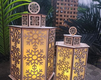 Lanternas de LED em formato de floco de neve, luminárias de madeira cortadas a laser, decoração de inverno para casa.