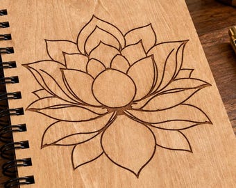 Lotus Journal, Engraved Wooden Notebook, Handmade Floral Book, Meditation & Spiritual Journal, Nature Lover Gift, Personalized Journal