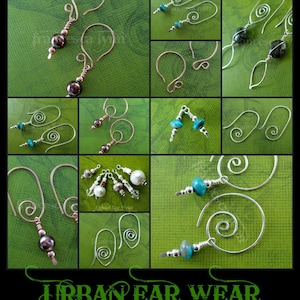 May include: A collage of nine images showcasing various handmade earrings featuring different styles and materials, including silver, copper, turquoise, and pearls. The earrings are displayed against a green background. The text "URBAN EAR WEAR" is displayed at the bottom of the collage.