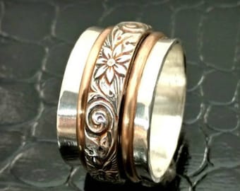 Pierścionek Wild Flower Spinner z obrączkami ze srebra próby 925 i złota, biżuteria na zobowiązanie, biżuteria ślubna, pierścionek unisex, wykonany na zamówienie 8838