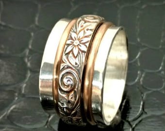 Wild Flower Spinner Ring with Sterling and Gold Bands, Commitment Jewelry, Wedding Jewelry, Unisex Ring, Made To Order 8838