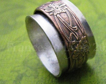 MEDITATION RING - Sterling Silver with Gold Floral Spinning Band (Made To Order)