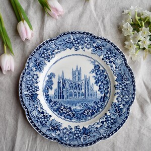 Vintage Blue Transferware Plate of Bath Abbey