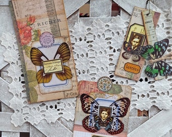 handmade junk journal tags and tucks - vintage and new bits - one of a kind - 3 pieces