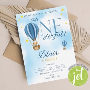 First Birthday Invitation, Mr Onederful Invitation, Personalised Digital Birthday Invite, One Year Old Boy Party, Editable Download