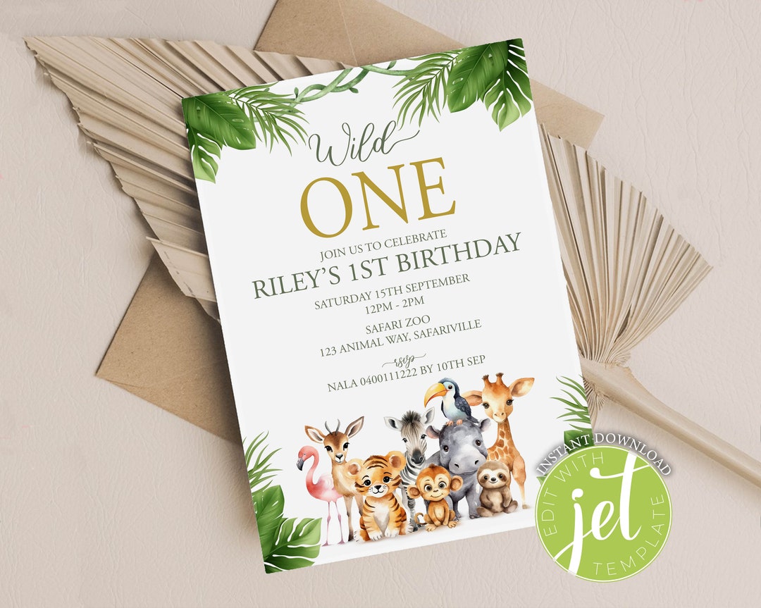 Editable Animals Invitation, Wild One 1st Birthday Invitation, Jungle ...
