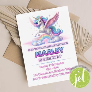 Invito di compleanno unicorno, invito digitale magico arcobaleno, festa di compleanno per ragazze, download stampabile istantaneo modificabile