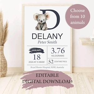 New Baby Gift, Baby Birth Print, Editable Baby Birth Announcement, Christening Gift, Birth Details Print, Personalised Printable Template